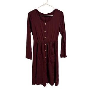 OUGES Burgundy Long Sleeve Button Down Midi Dress with Pockets Size L